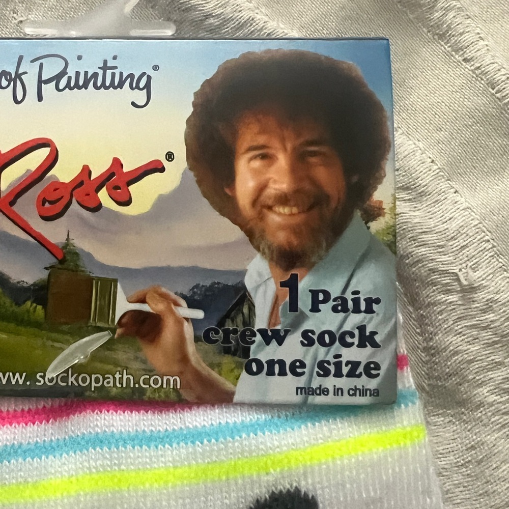 Bob Ross Unisex White and Pink Crew Socks - Picture 4 of 5